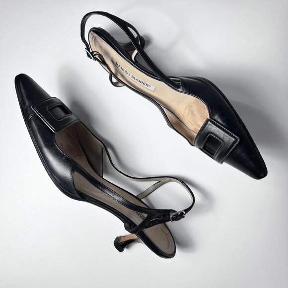 MANOLO BLALHNIK Black Maysli Buckle Slingback Pointed Toe Pumps 7US - Picture 3 of 7